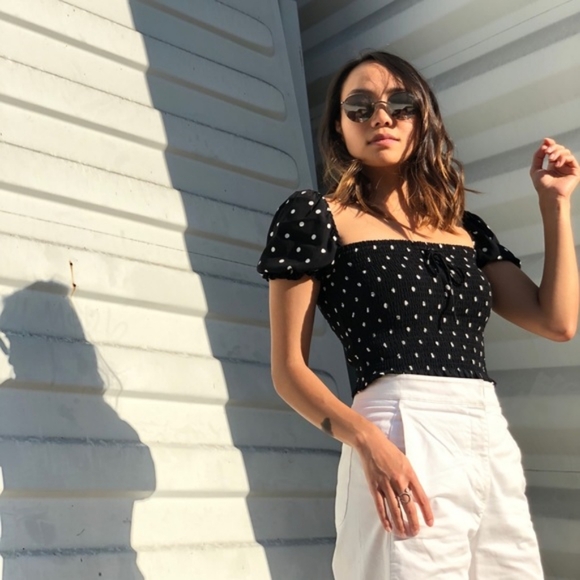 🌞Artizia Wilfred Smocked Polkadot Blouse Square nmNeckline Black White  XS - Picture 9 of 10